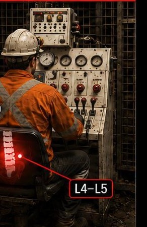 Opérateur assis aux commandes d'une machine, colonne lombaire mise en évidence au niveau L4-L5