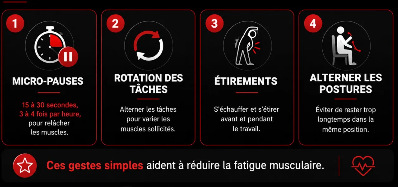 Moyens de contrôle : micro-pauses, rotation des tâches, étirements, alterner les postures