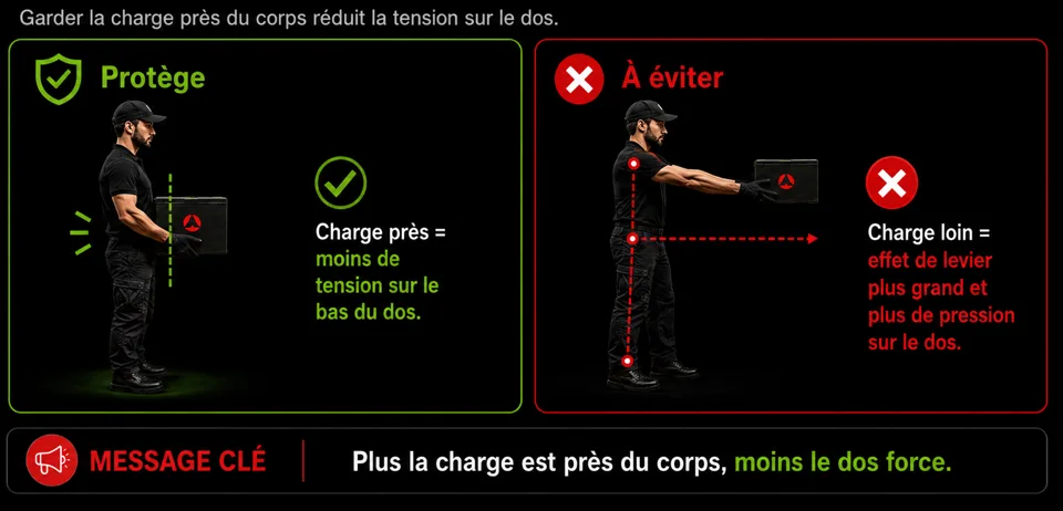 1. Charge près du corps : plus la charge est près du corps, moins le dos force