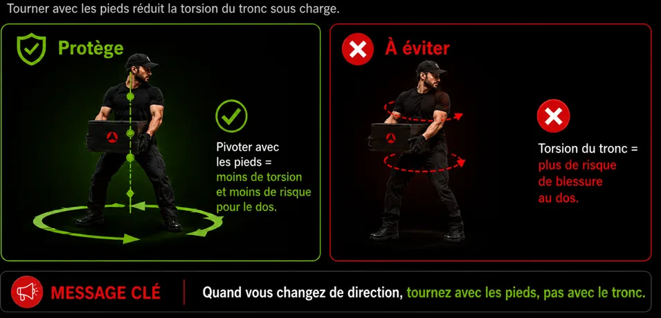 3. Pivoter avec les pieds : tourner avec les pieds, pas avec le tronc