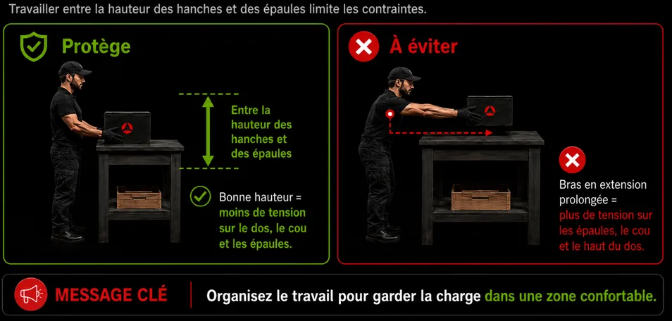 4. Hauteur de travail adaptée : garder la charge entre la hauteur des hanches et des épaules