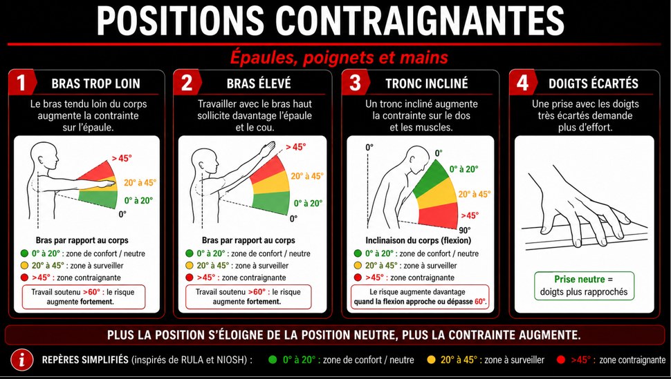 Positions contraignantes des épaules, poignets et mains : zones de confort (0-20&deg;), à surveiller (20-45&deg;) et contraignante (au-delà de 45&deg;)